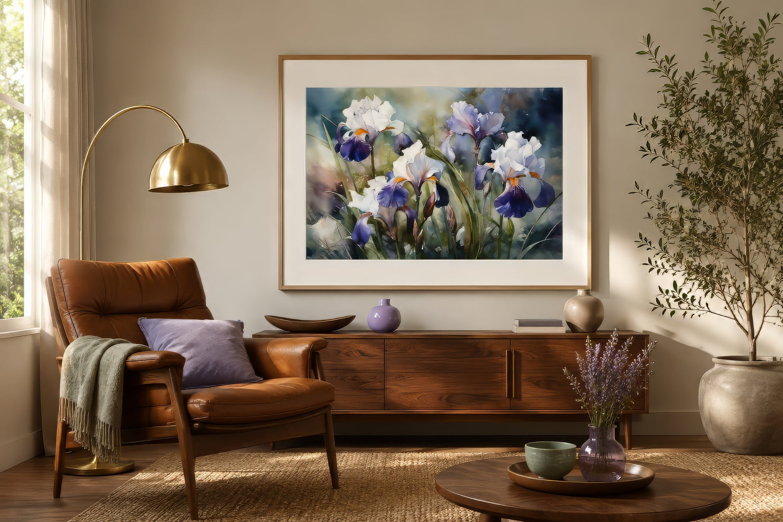 Framed watercolor botanical print of white and purple irises in gold frame above wood console in warm living room.