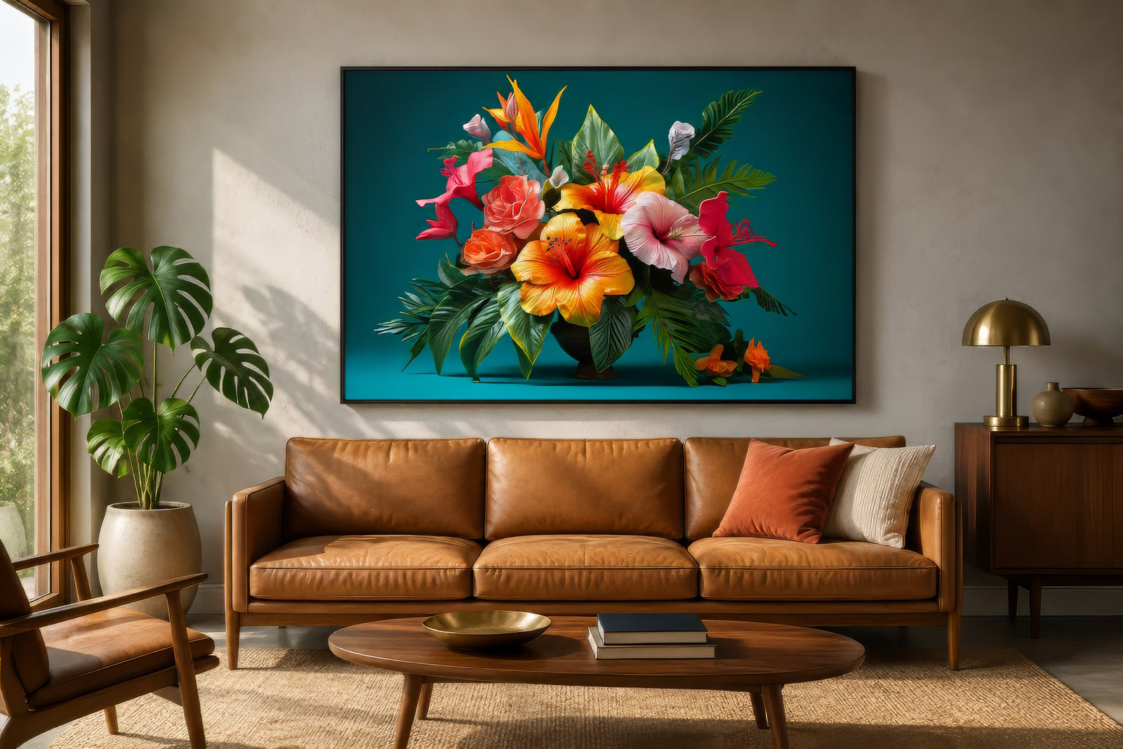 Tropical flower wall art with coral hibiscus and orange blooms on teal, framed above a leather sofa in a neutral living room.