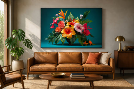 Tropical flower wall art with coral hibiscus and orange blooms on teal, framed above a leather sofa in a neutral living room.