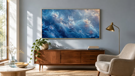 Icy blue abstract cloud and blossom canvas in a wood-framed landscape format, above oak credenza in a calm modern living room.