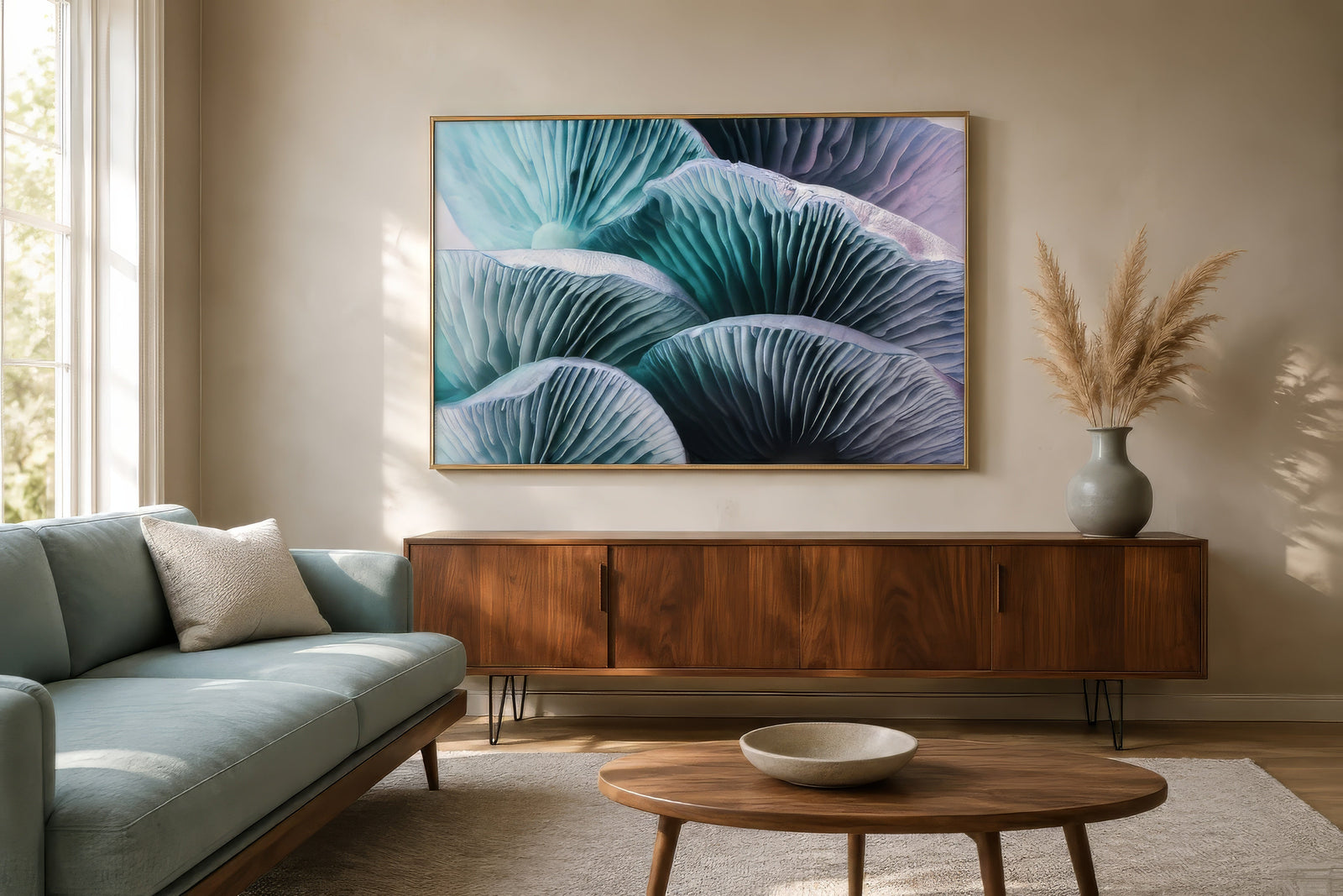 Oversized abstract floral wall art in teal, lavender, and ivory above a walnut console in a light-filled mid-century living room.