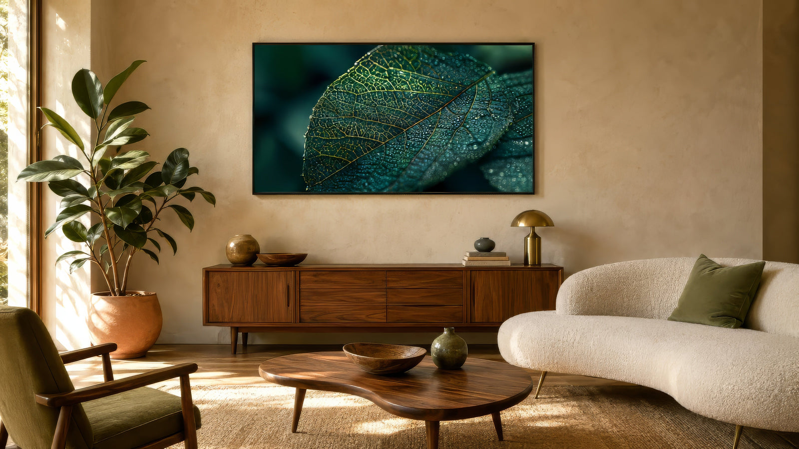 Close-up green leaf canvas with dewdrops and vein detail, framed above a walnut credenza in a warm modern living room.