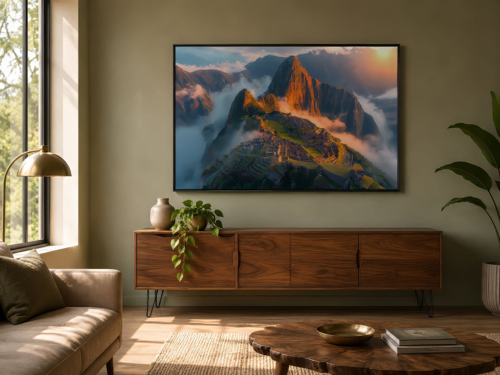 Machu Picchu canvas print in gold and green, framed above a walnut console in a sage-toned living room.