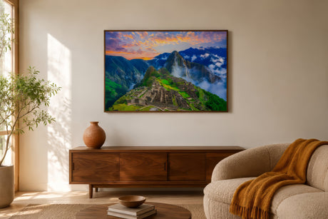Machu Picchu landscape print in green, gold, and sunset rose, framed above a clay sofa with cobalt and marigold cushions in a warm sand living room.
