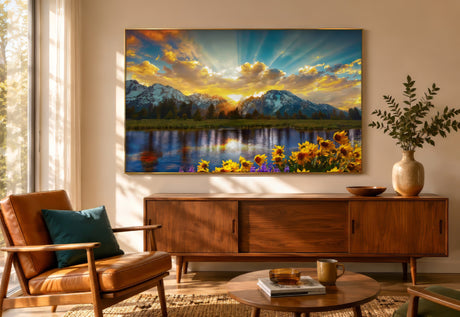 Vibrant mountain sunrise canvas with golden sunflowers, blue peaks, and a reflective lake, framed above a sofa in a warm modern living room.