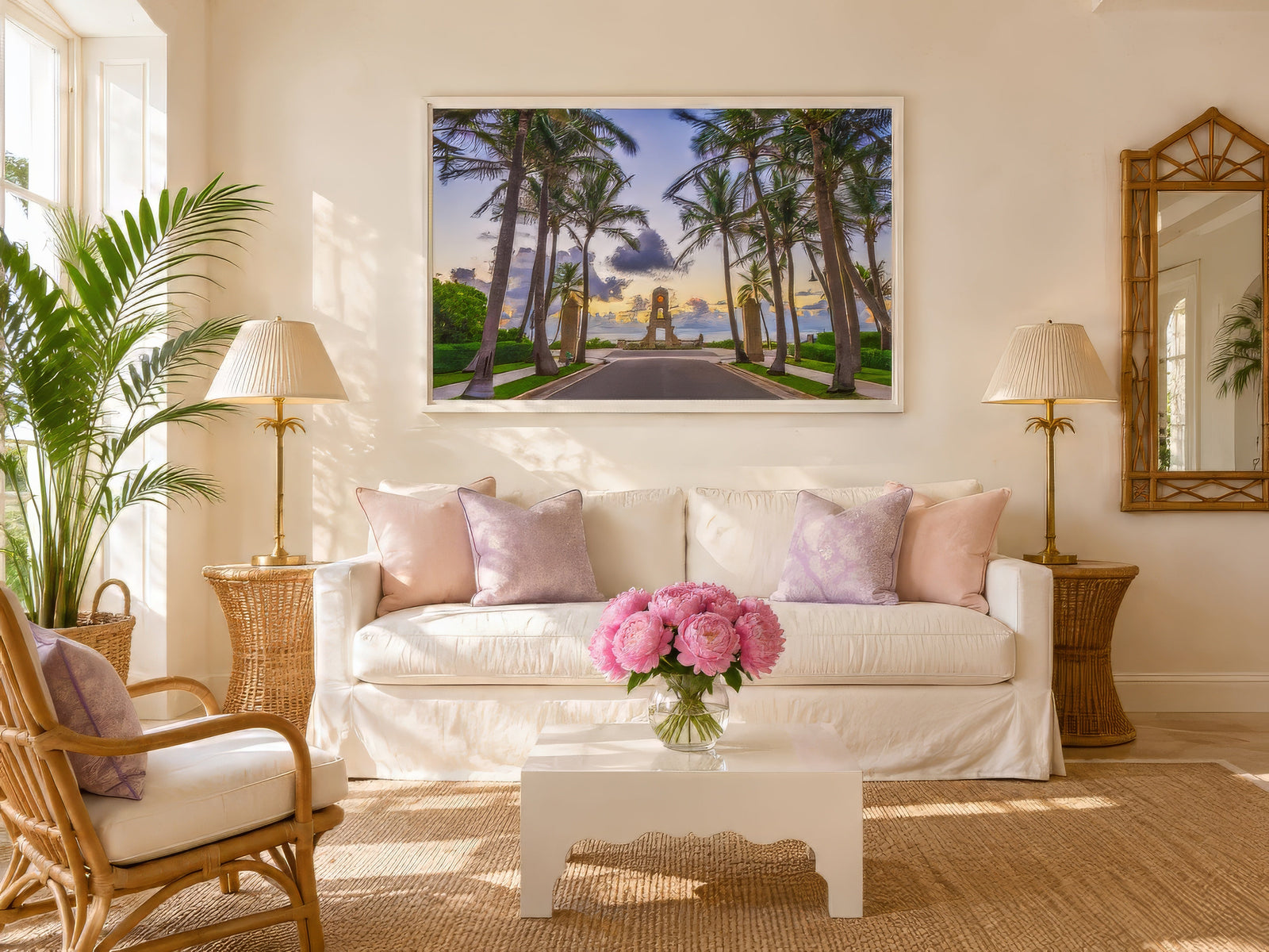 Coastal photography print of a palm-lined Palm Beach drive at sunset, white frame, in a bright living room with rattan chairs and pink peonies.