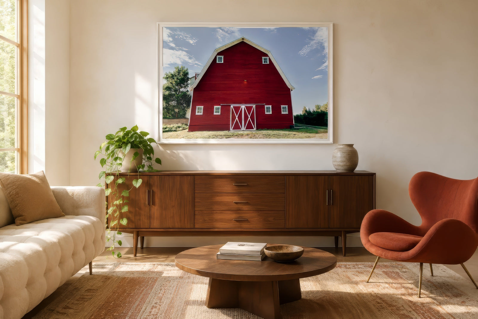 Farmhouse wall art of a red barn in earthy tones, white frame above wood console in warm living room.