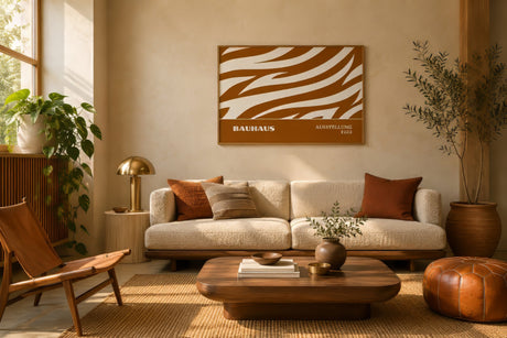Boho Bauhaus wall art with rust and ivory wavy stripes, framed above a linen sofa in a warm earthy living room.