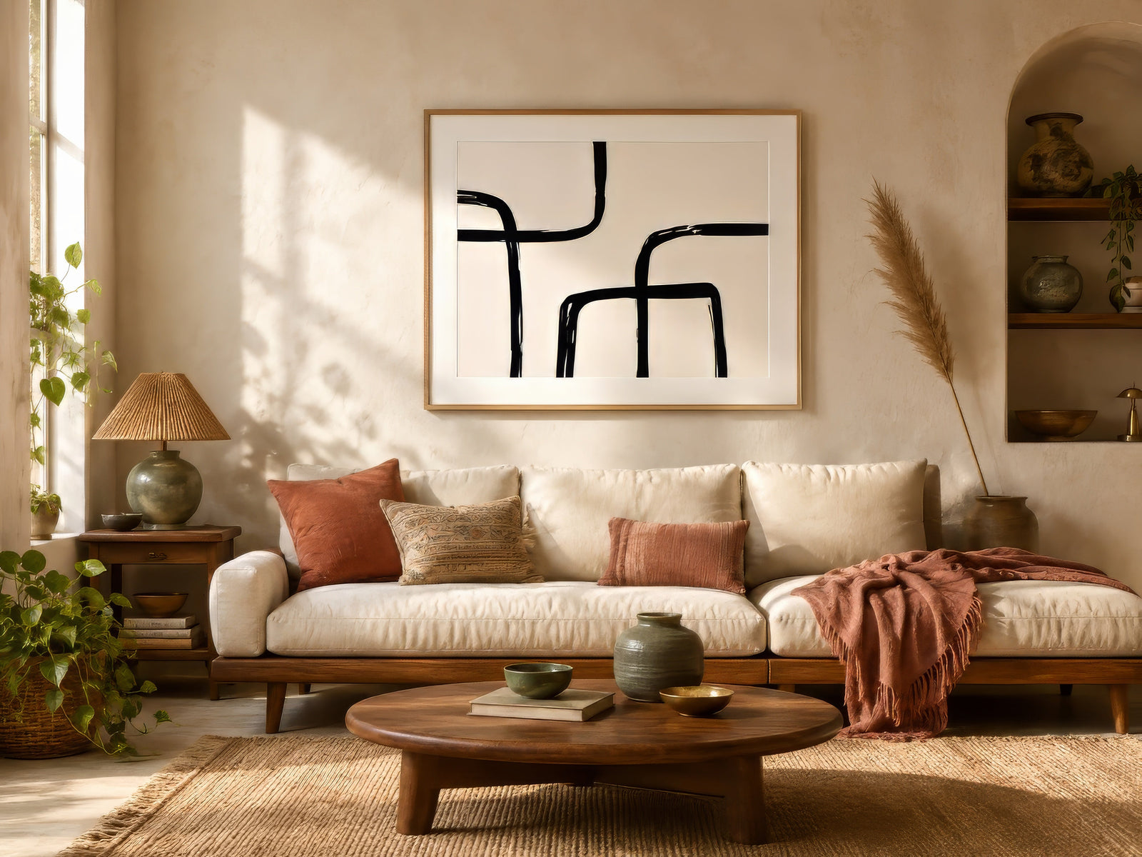 Abstract black-and-ivory curved line wall art in a light wood frame above a cream sofa in a warm boho living room with rattan and terracotta accents.