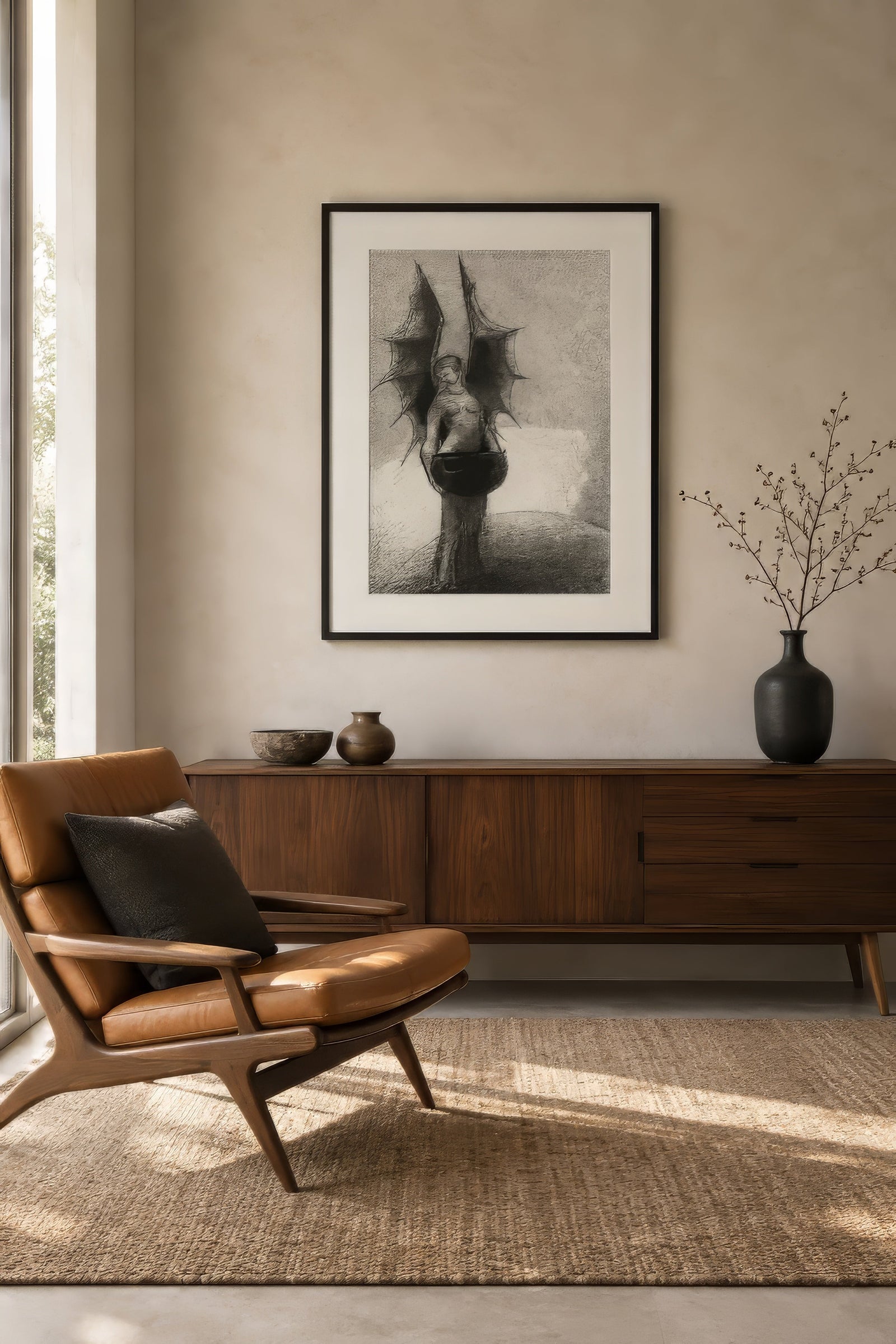 Dark gothic fallen angel print in charcoal and black, framed above a leather chair in a warmly lit study.