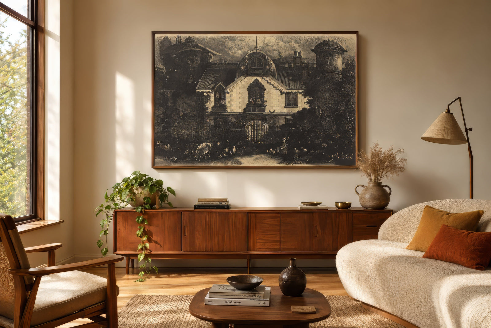 Dark Gothic architecture canvas of a shadowed manor in black and gray, framed black, above wood sideboard in moody living room.