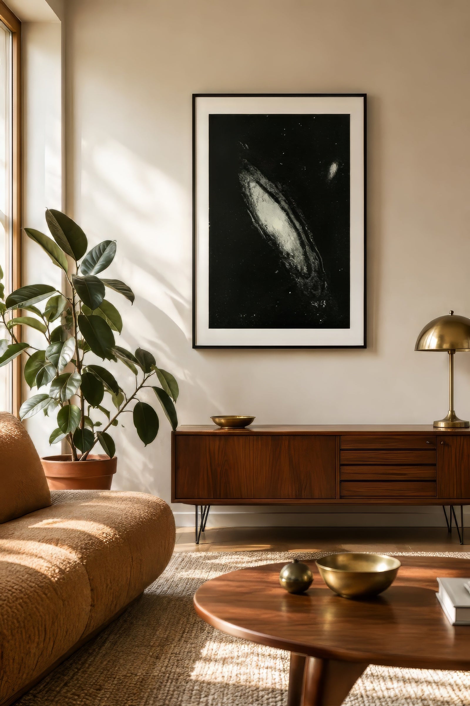 High-contrast black and white spiral galaxy print framed above wooden sideboard in warm neutral modern living room.