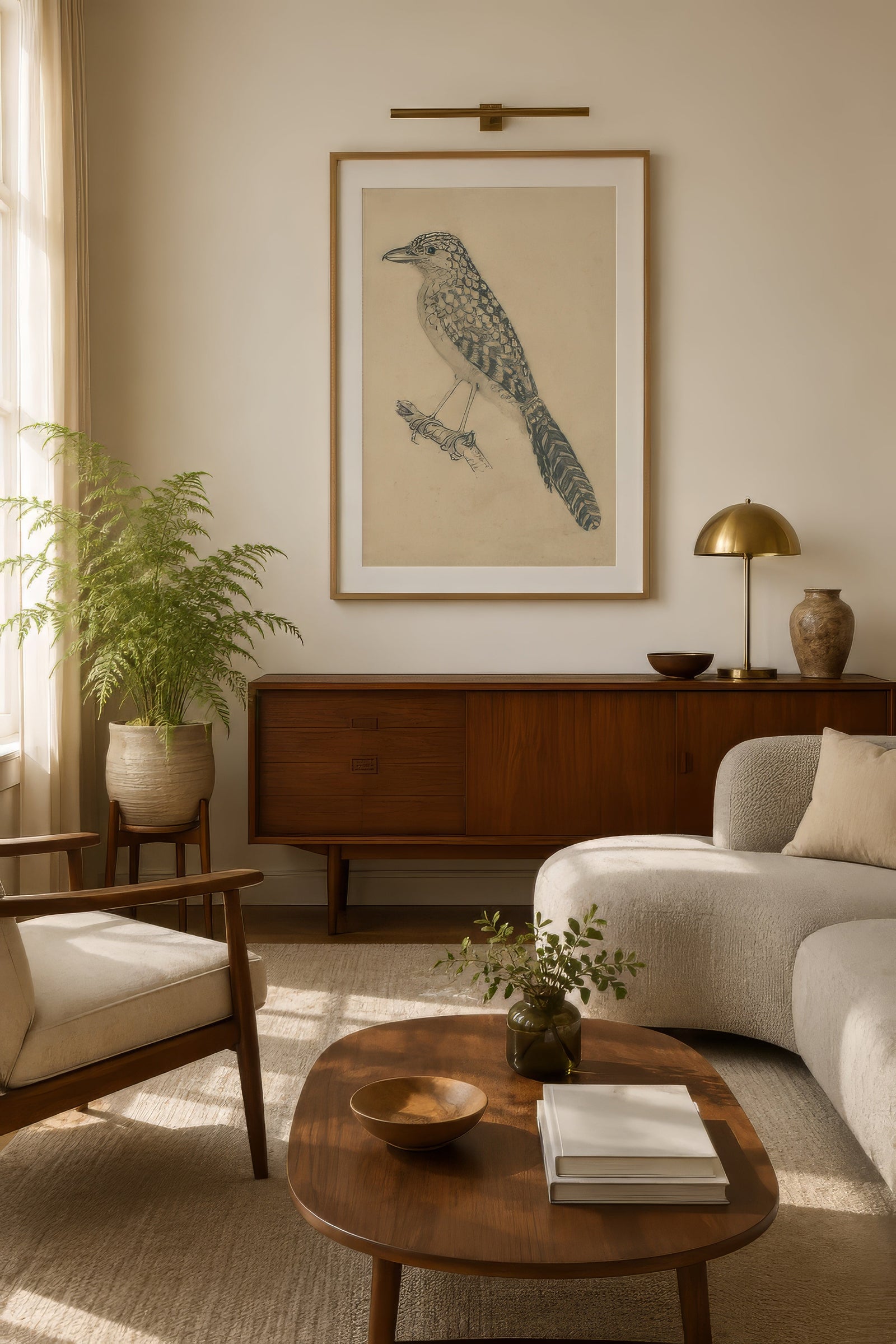 Vintage ornithological bird drawing in blue-gray and cream, pale oak frame, north-facing living room with cool natural light and mid-century furniture.
