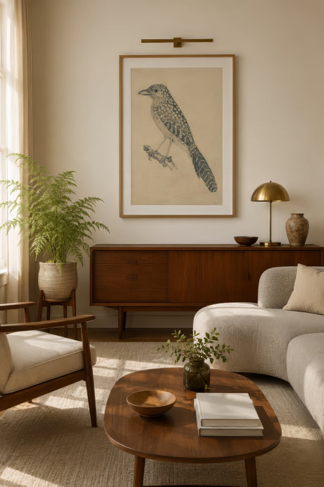 Vintage ornithological bird drawing in blue-gray and cream, pale oak frame, north-facing living room with cool natural light and mid-century furniture.