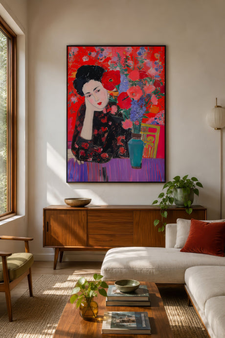 Vibrant portrait of a woman amid red and blue flowers, framed canvas above wooden sideboard in a sunlit modern living room.
