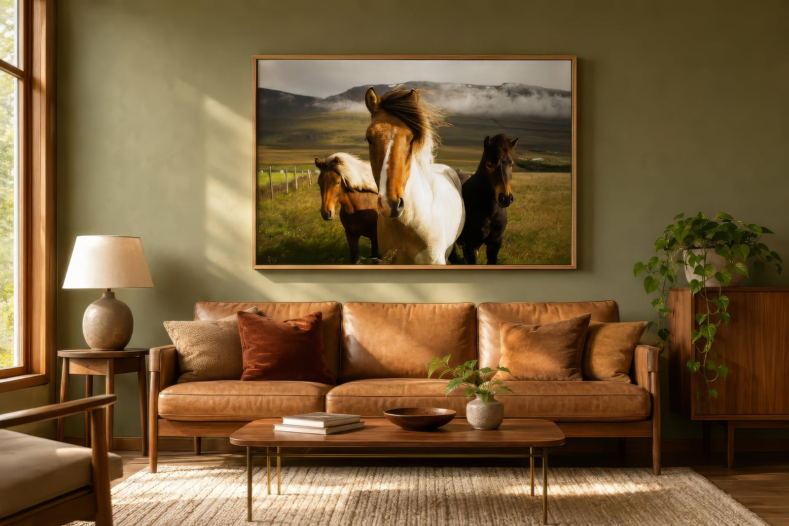Framed photograph of Icelandic horses in green pasture, golden tones, hung above a tan leather sofa in a sage living room.
