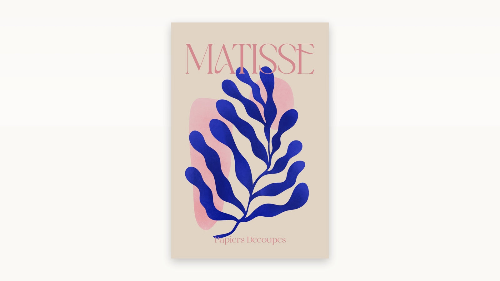 Matisse-inspired blue cut-out leaf poster on beige with pink, modern art print in matching frame, contemporary living room mood