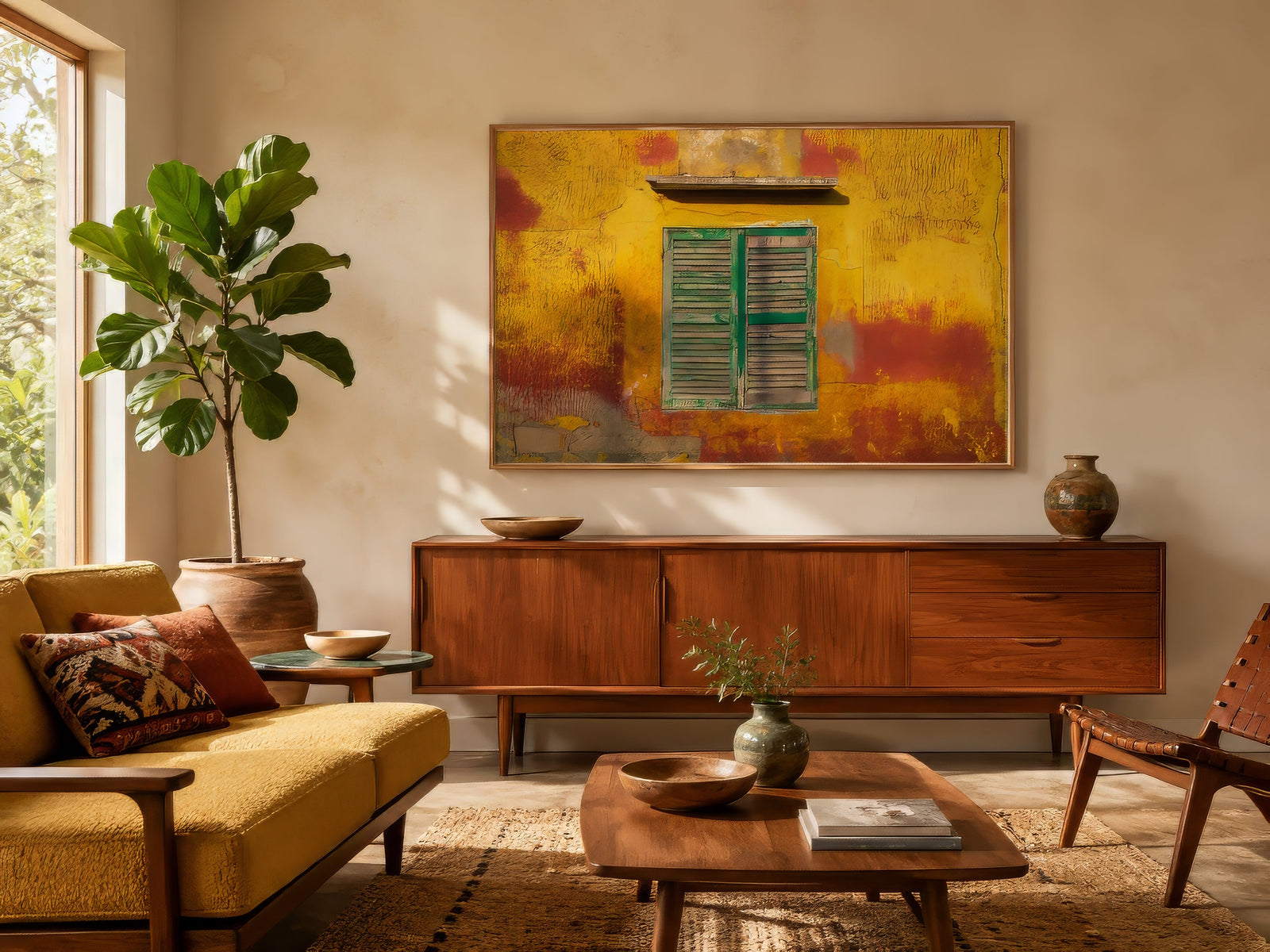 Abstract regional canvas of a sunlit wall with green shutters in terracotta and yellow, framed above a linen sofa in a warm living room.