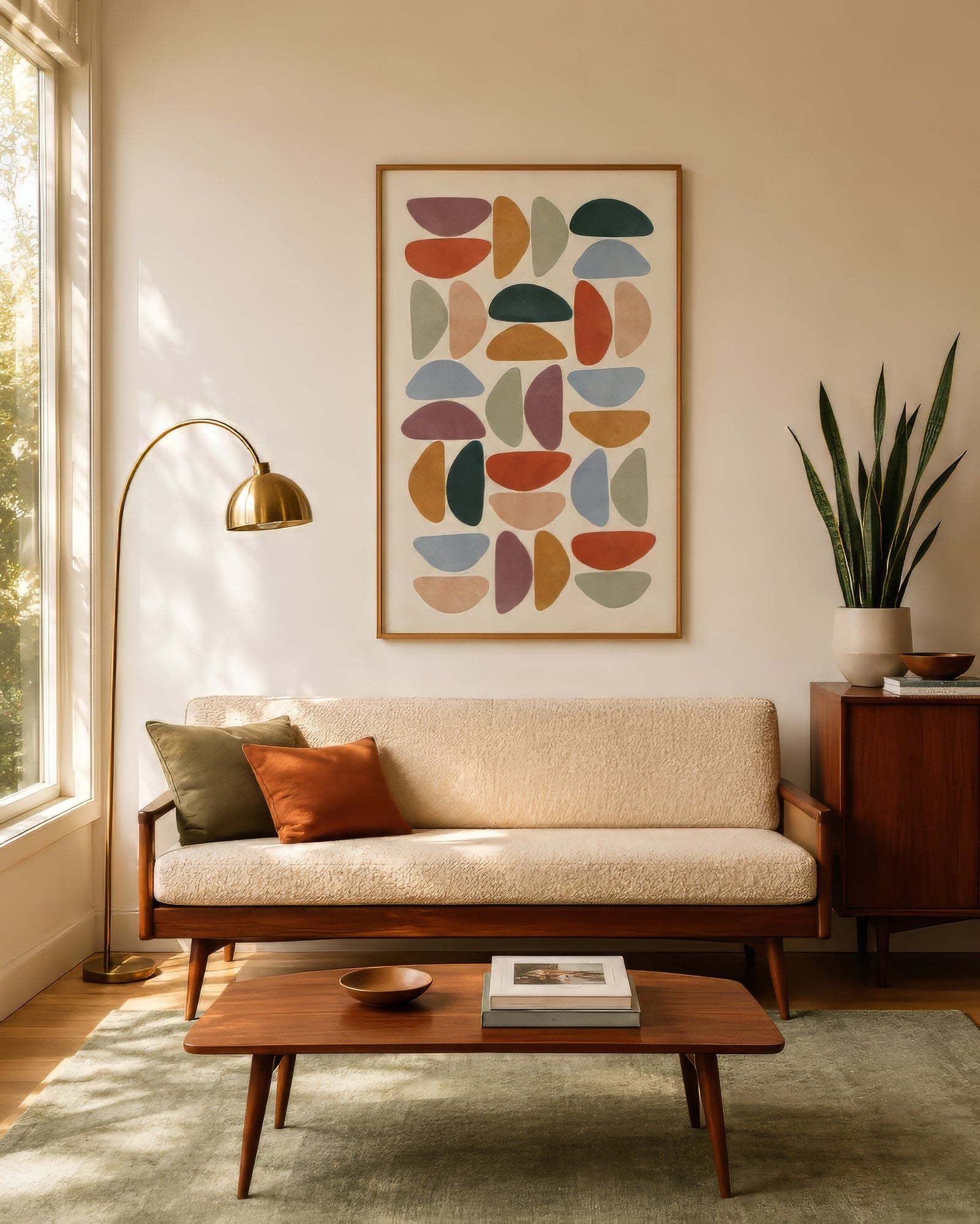 Mid-century geometric abstract wall art in mustard, teal, and burnt orange above a walnut sofa in a warm living room