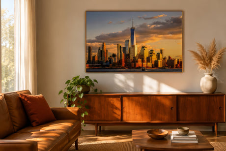 Warm sunset New York City skyline art in brass frame above walnut console, cream and clay living room accents.