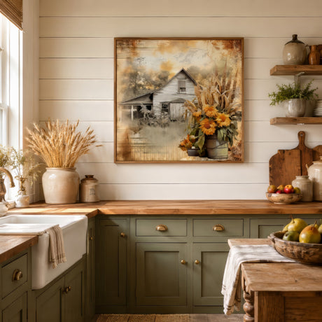 Vintage-style barn and sunflower wall art in cream, gold, and weathered brown, framed in wood above a sage farmhouse breakfast nook.