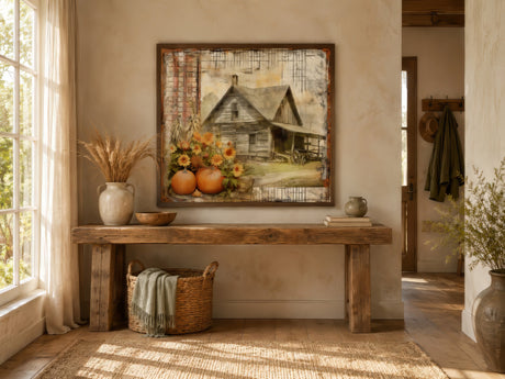 Rustic barn and autumn harvest canvas in gold and rust, framed above a reclaimed wood console in a cozy farmhouse entryway.