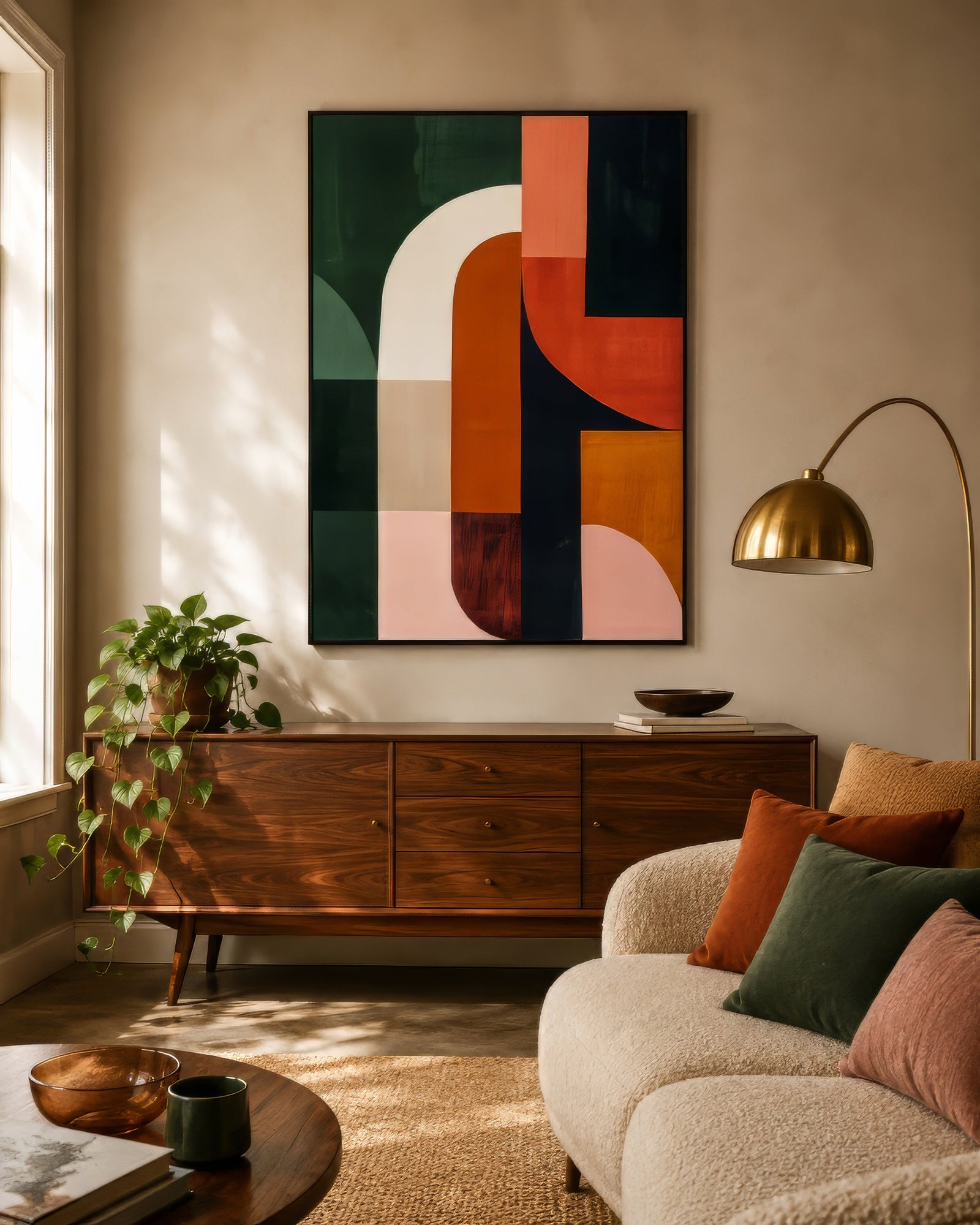 Mid-century geometric abstract art in green, burnt orange and pink, thin black frame above walnut sideboard in warm living room.
