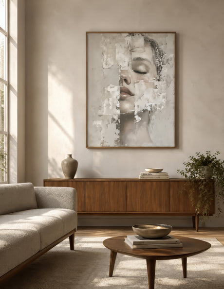 Abstract figurative portrait of a woman in ivory, beige, and bronze, framed above a walnut console in a sunlit neutral living room.