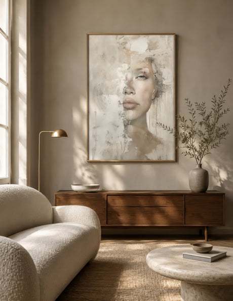 Abstract figurative face canvas in ivory and taupe, framed in light wood above a wooden console in a warm greige living room.