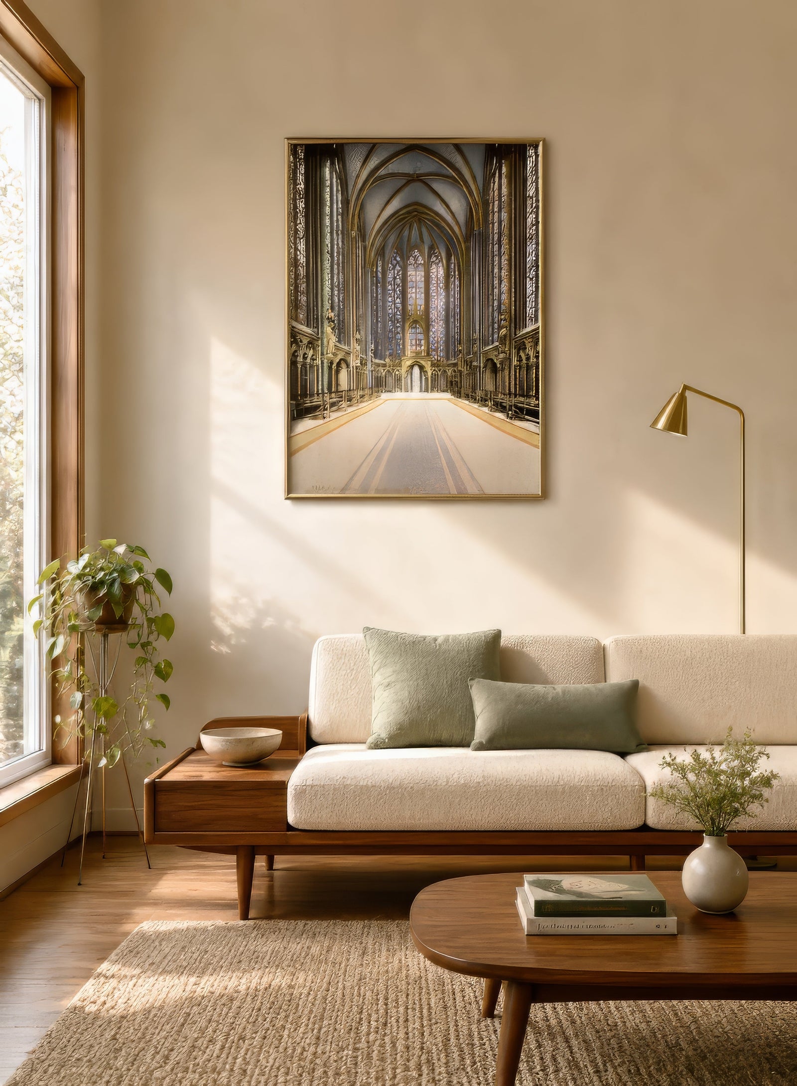 Gothic cathedral interior canvas with stone arches in warm gold tones, gilt-framed above a cream sofa in a traditional living room.