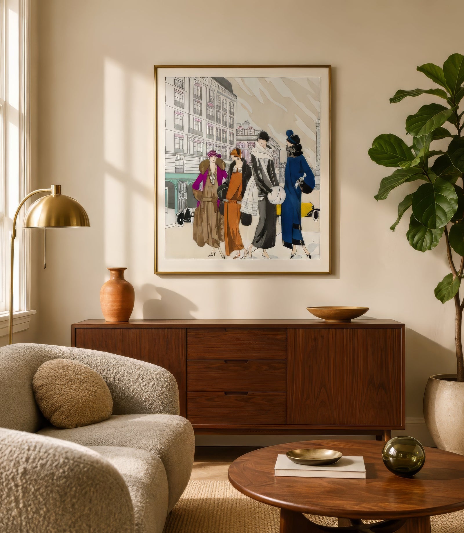 Vintage 1920s fashion illustration in gilt frame, figures in colorful coats, hung above walnut console in warm formal living room.