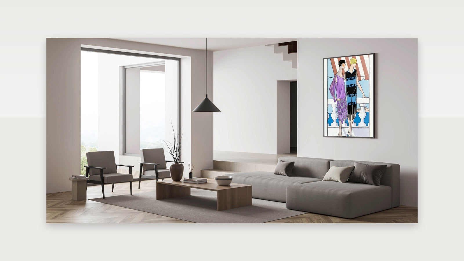Chic Art Deco Wall Art - Two Fashionable Women in 1920s Balcony Scene