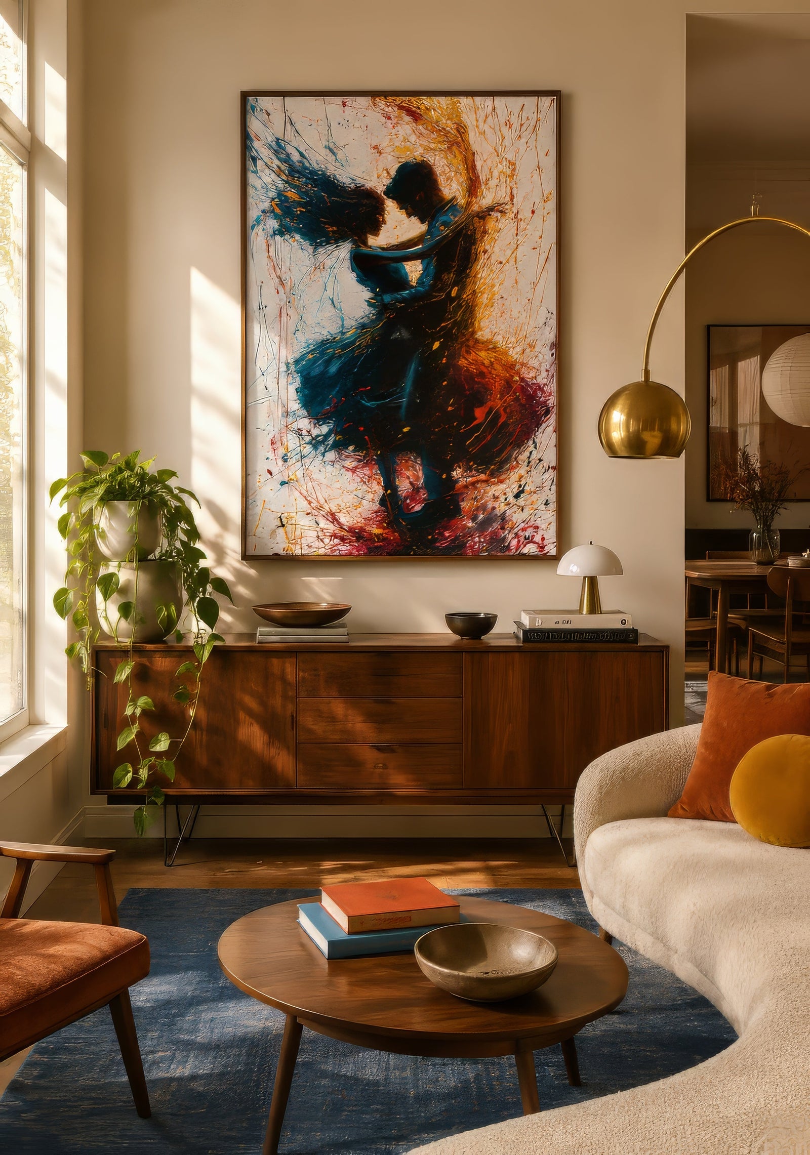 Abstract figurative painting of two embracing dancers in teal, red, and gold above a walnut sideboard in a warm mid-century living room.