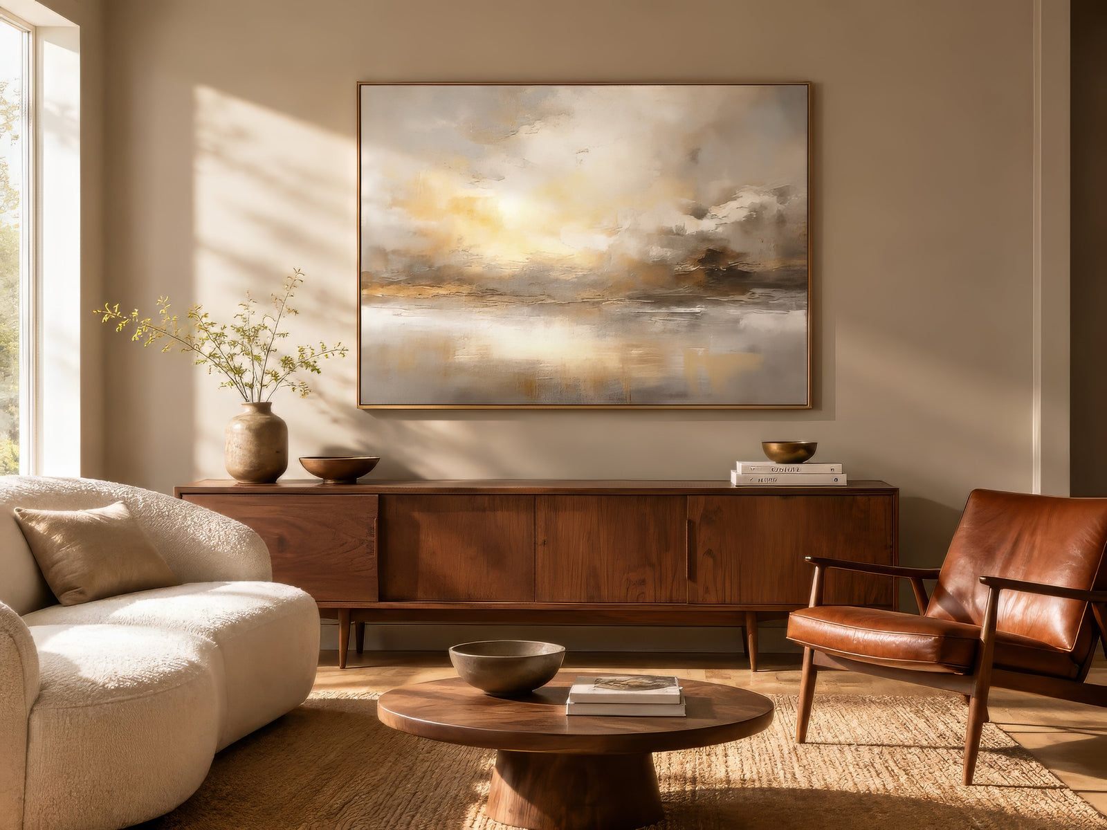 Abstract sunset seascape canvas in amber, gold, and ivory, framed above a walnut sideboard in a cozy neutral living room.