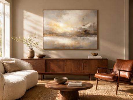 Abstract sunset seascape canvas in amber, gold, and ivory, framed above a walnut sideboard in a cozy neutral living room.
