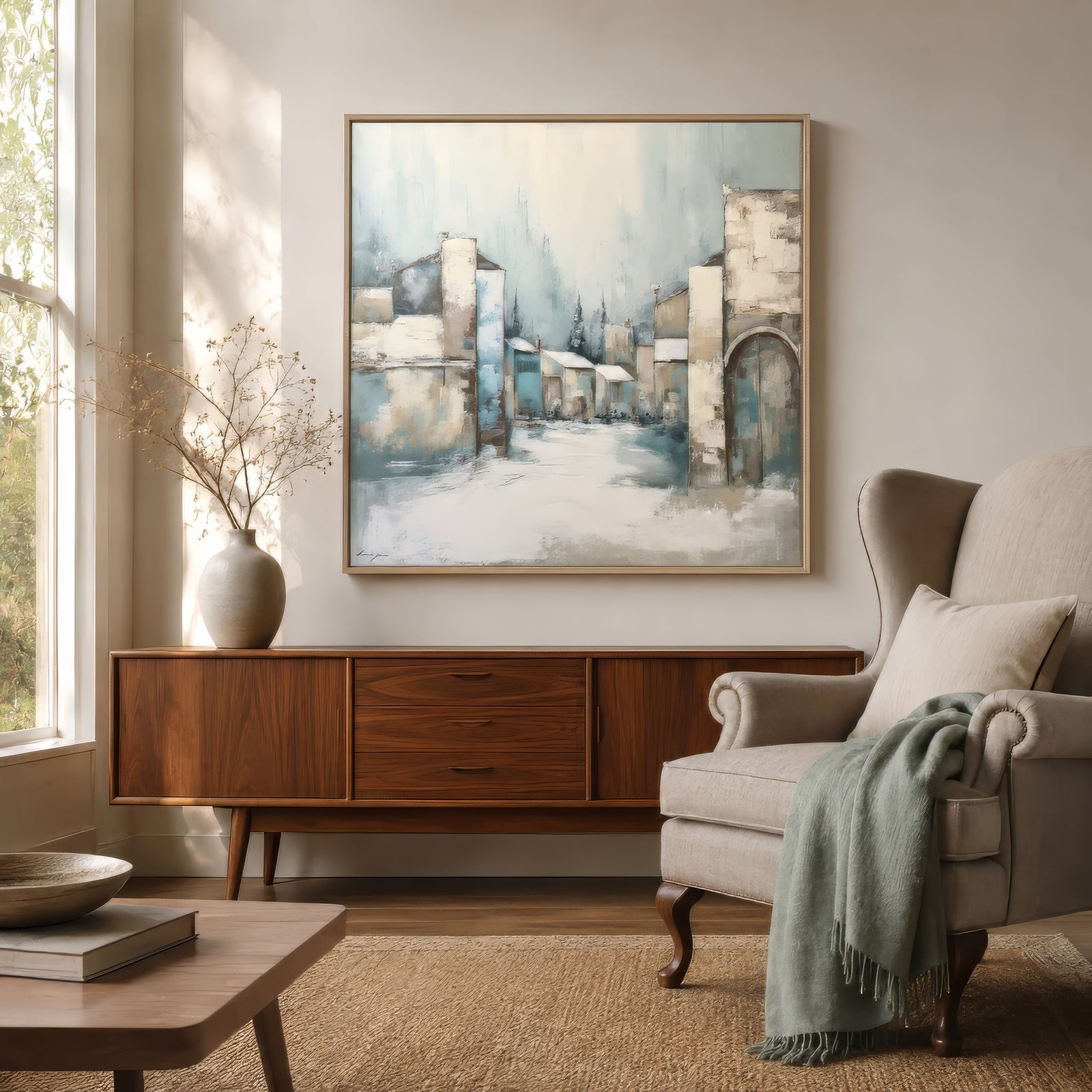 Abstract village townscape canvas in soft blue, grey, and ivory, framed above a walnut sideboard in a modern rustic living room.
