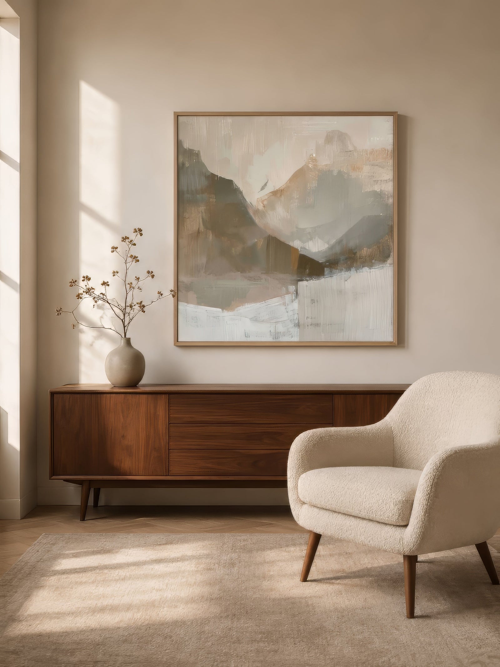 Beige and slate minimalist mountain abstract canvas in slim wood frame above walnut console in calm neutral living room.