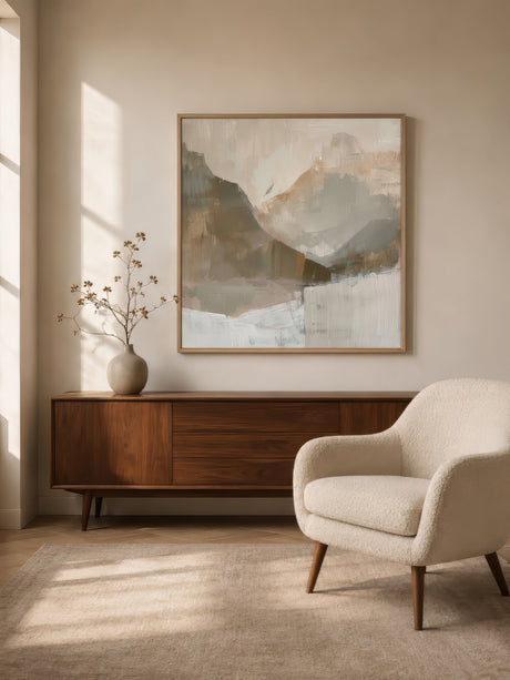 Beige and slate minimalist mountain abstract canvas in slim wood frame above walnut console in calm neutral living room.