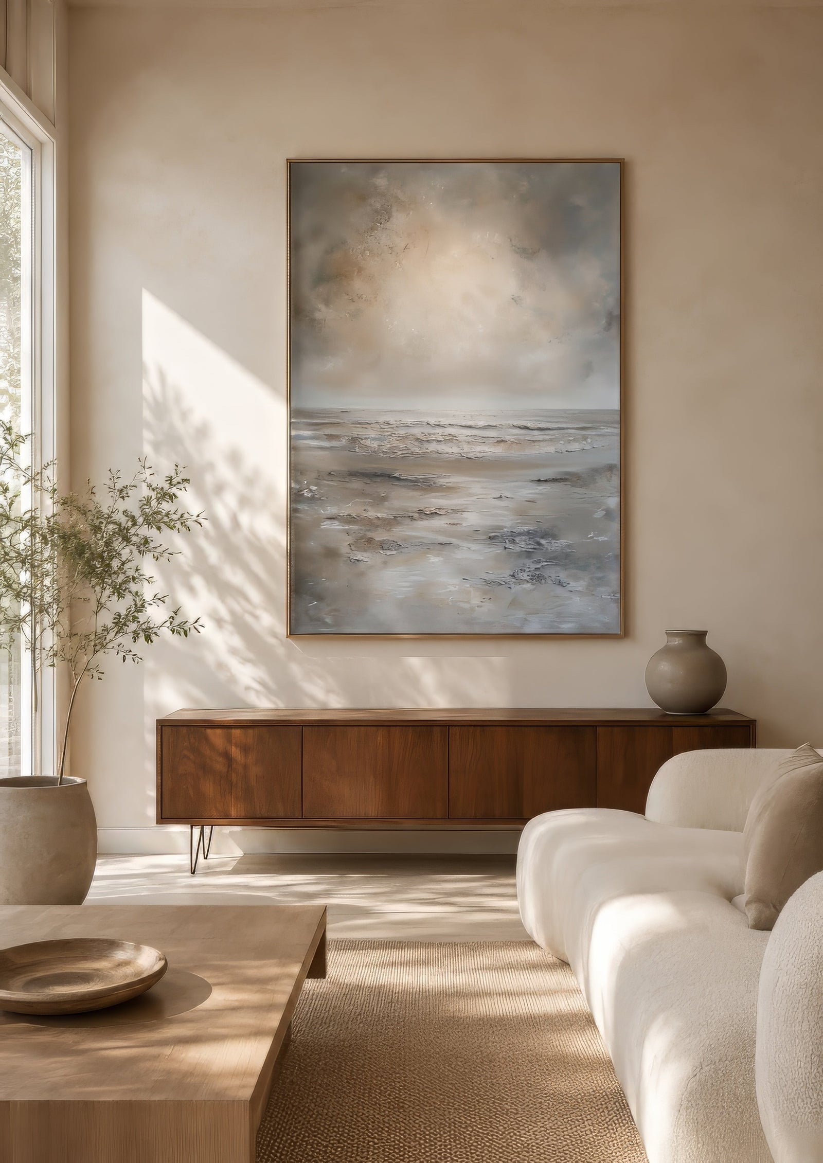 Abstract seascape canvas in warm white, beige, and greige hung above a wooden sideboard in a sunlit minimalist living room.