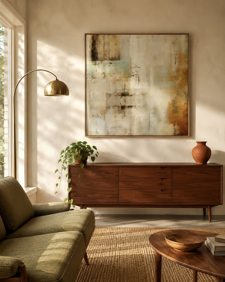 Abstract line-inspired canvas in ivory, gold and teal, oak frame, above walnut console in warm modern living room.