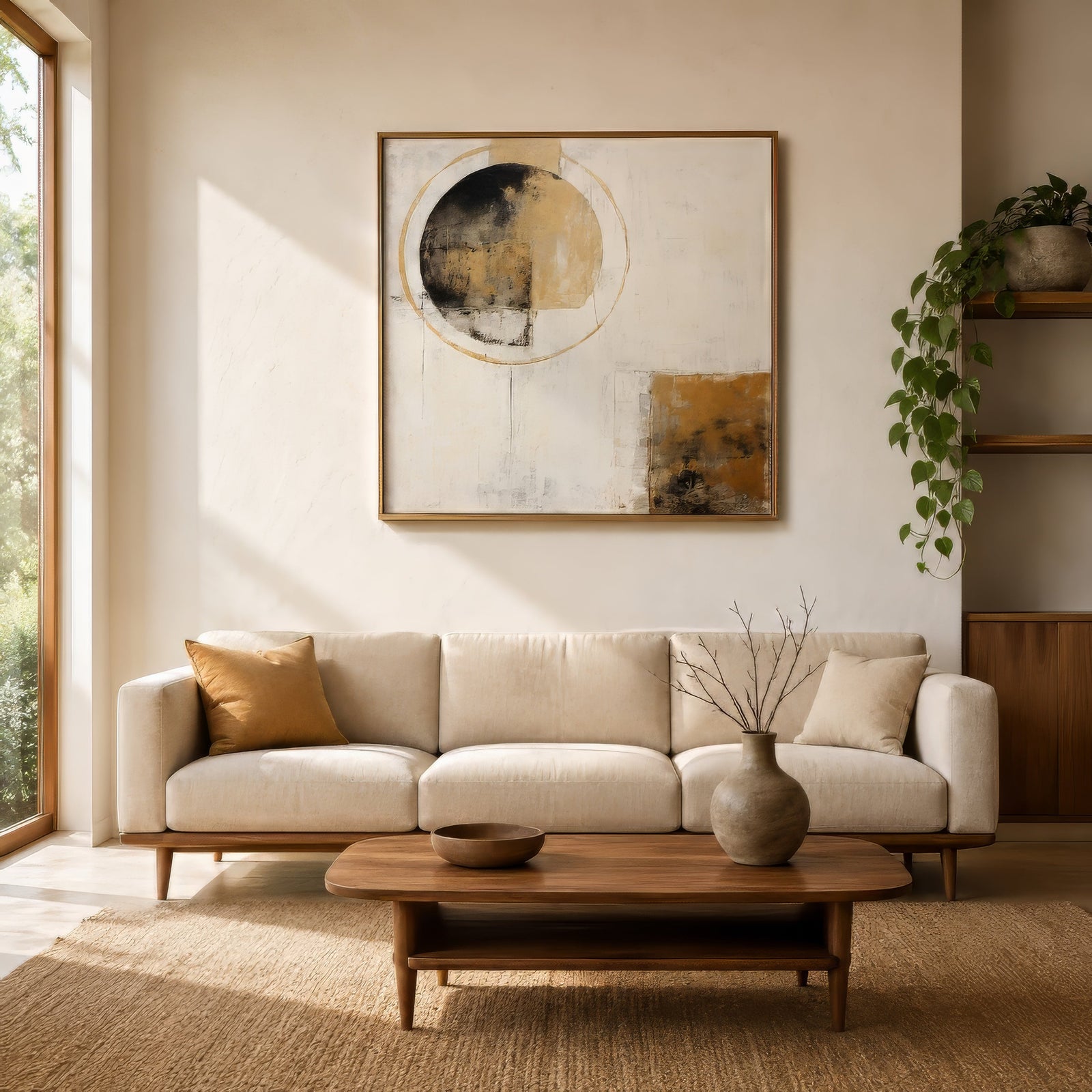 Neutral textured abstract circle artwork in black, beige and gold, framed above a linen sofa in a calm modern living room.