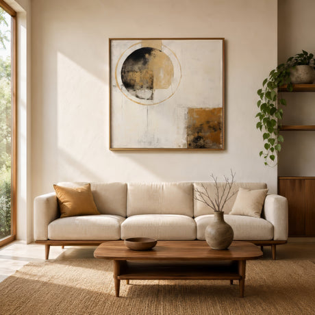 Neutral textured abstract circle artwork in black, beige and gold, framed above a linen sofa in a calm modern living room.