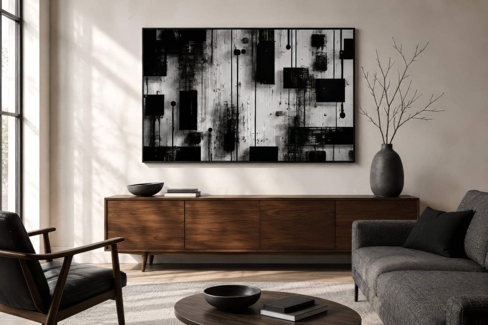 Black, white, and gray geometric line art canvas in a black frame above a walnut console in a calm small apartment living room.