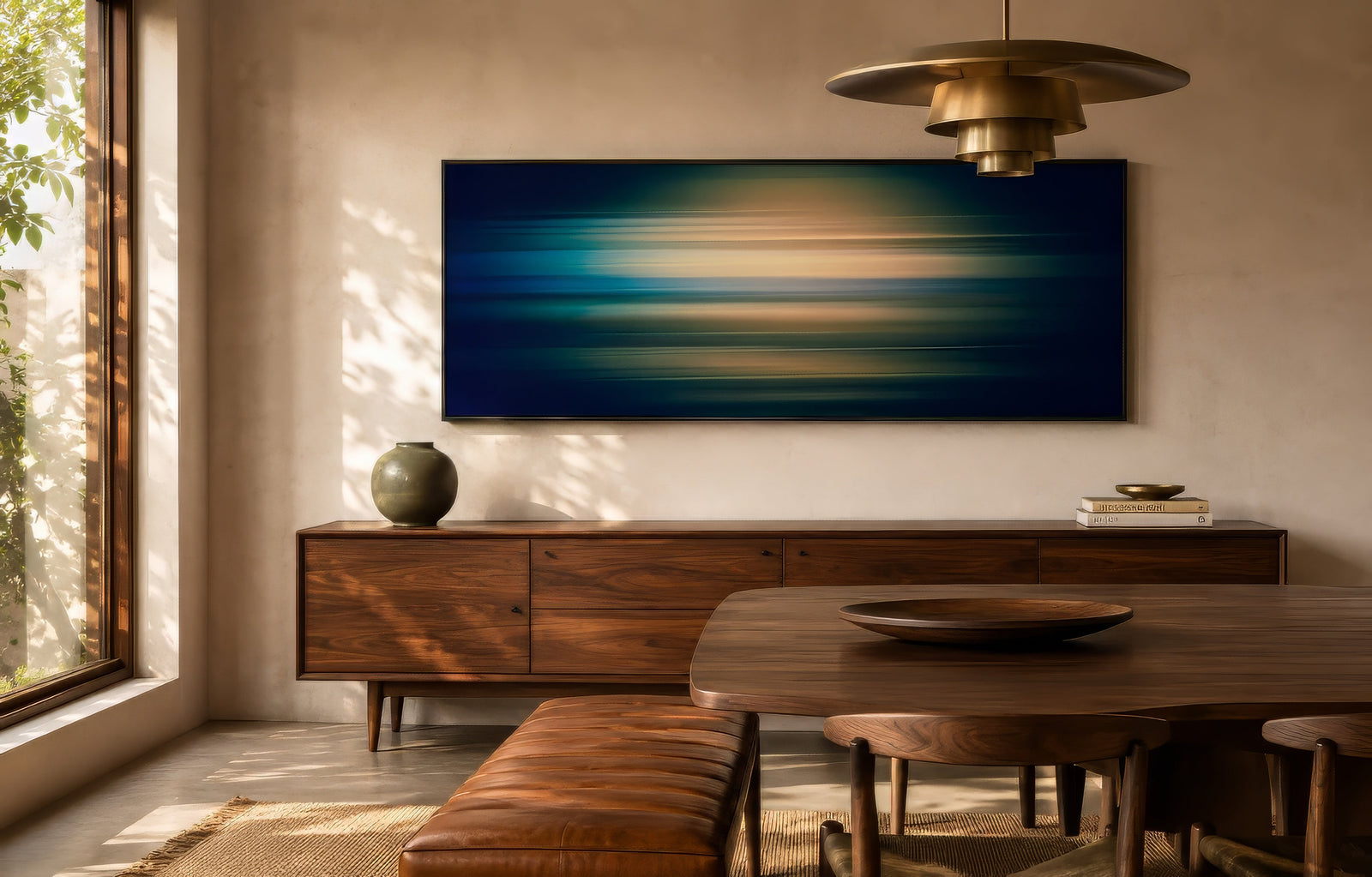 Navy and gold textured horizontal abstract canvas above a walnut sideboard in a warm modern dining room.