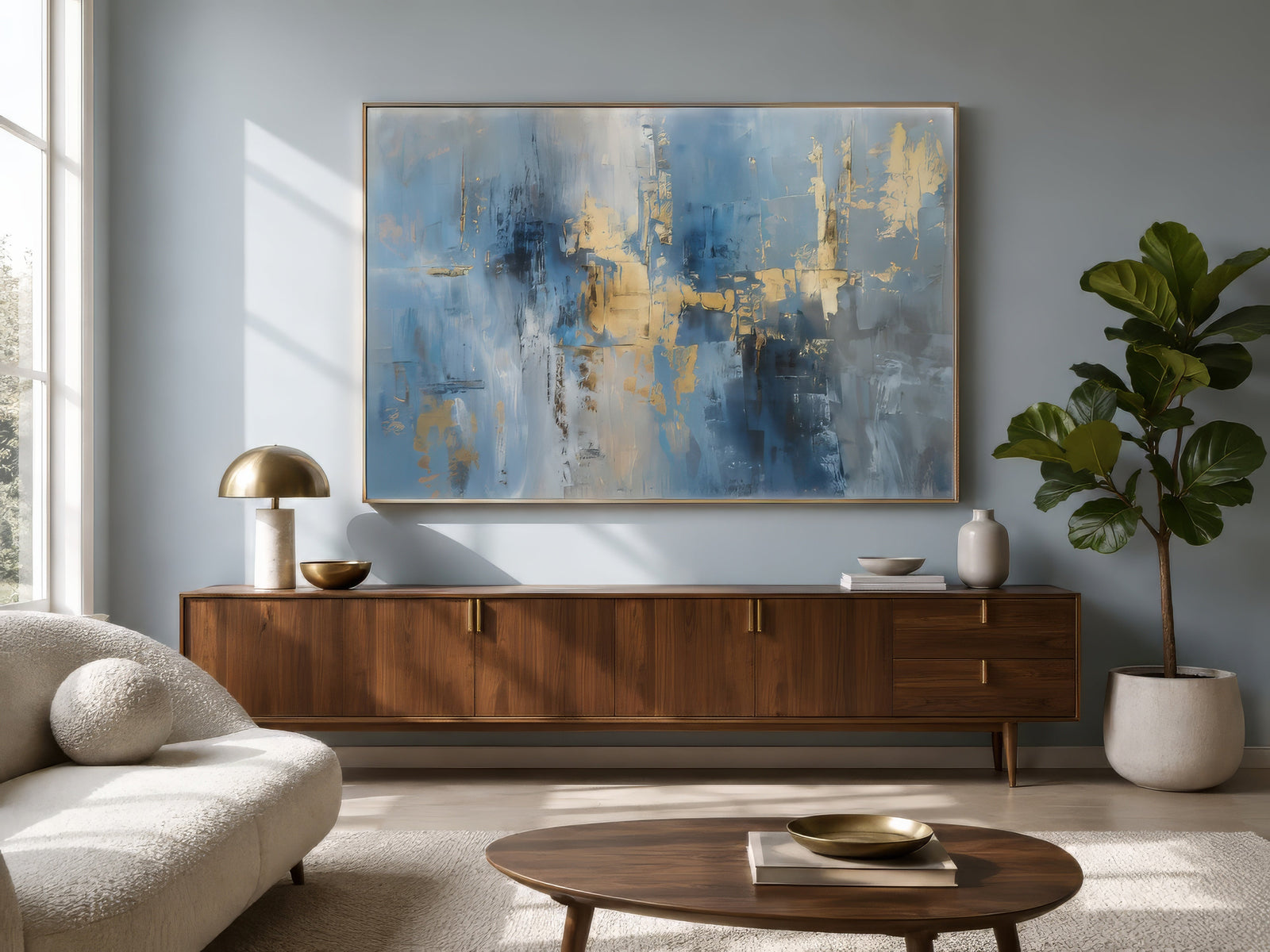 Oversized blue and gold abstract canvas in gold frame above walnut console, neutral modern living room, calm focal point.