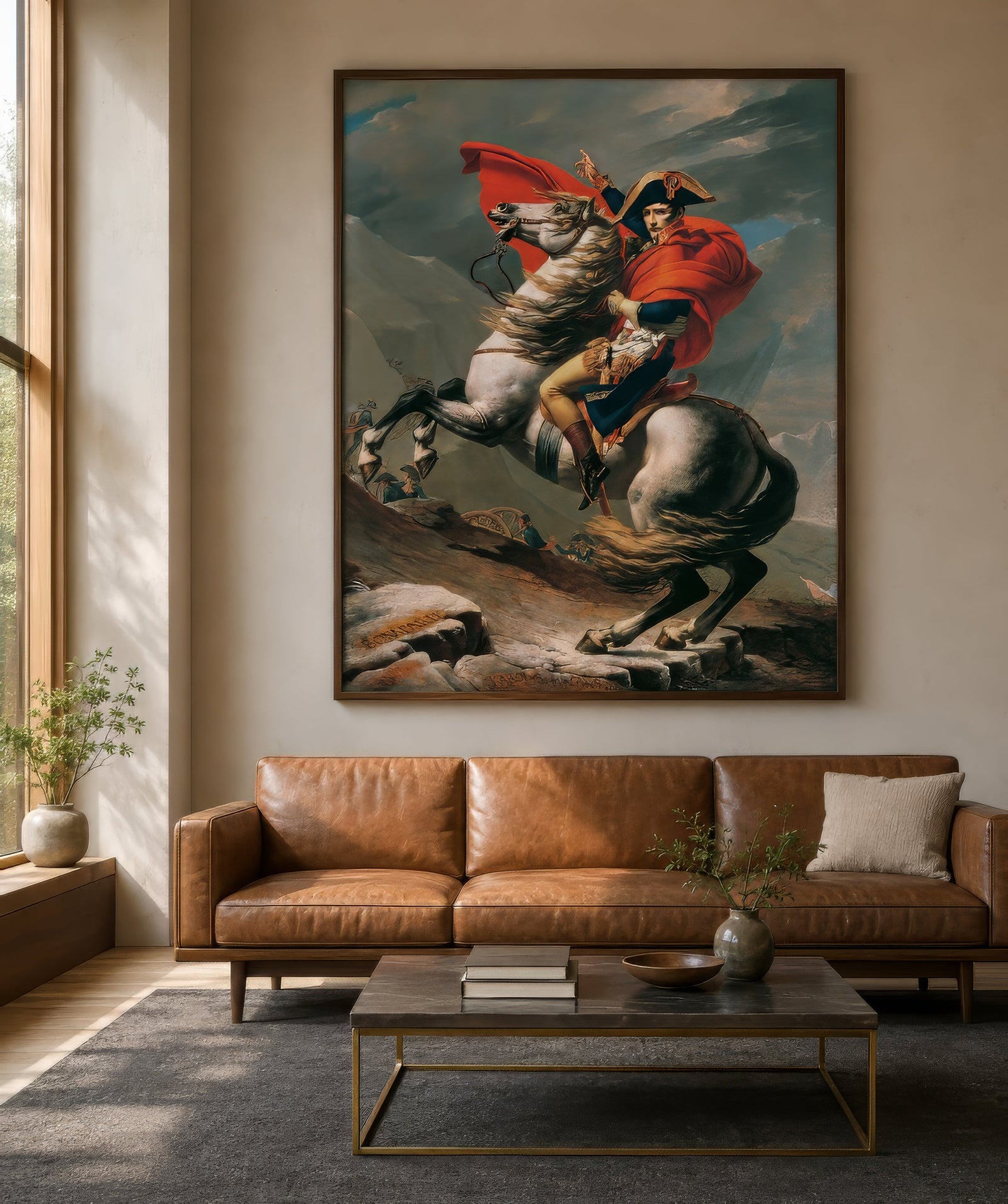 Neoclassical print of Napoleon on a rearing white horse in red and blue, slim frame above a tan leather sofa in a calm living room.