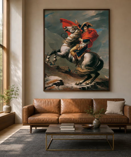 Neoclassical print of Napoleon on a rearing white horse in red and blue, slim frame above a tan leather sofa in a calm living room.