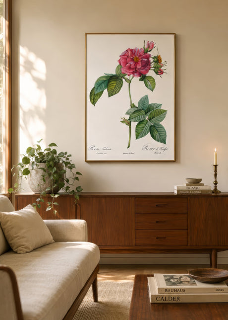 Neoclassical pink rose botanical print in gold frame on warm putty wall, mid-century living room with walnut sideboard and linen sofa.