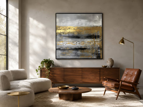 Muted gold and gray abstract horizon canvas in black frame above walnut console in a warm modern living room.