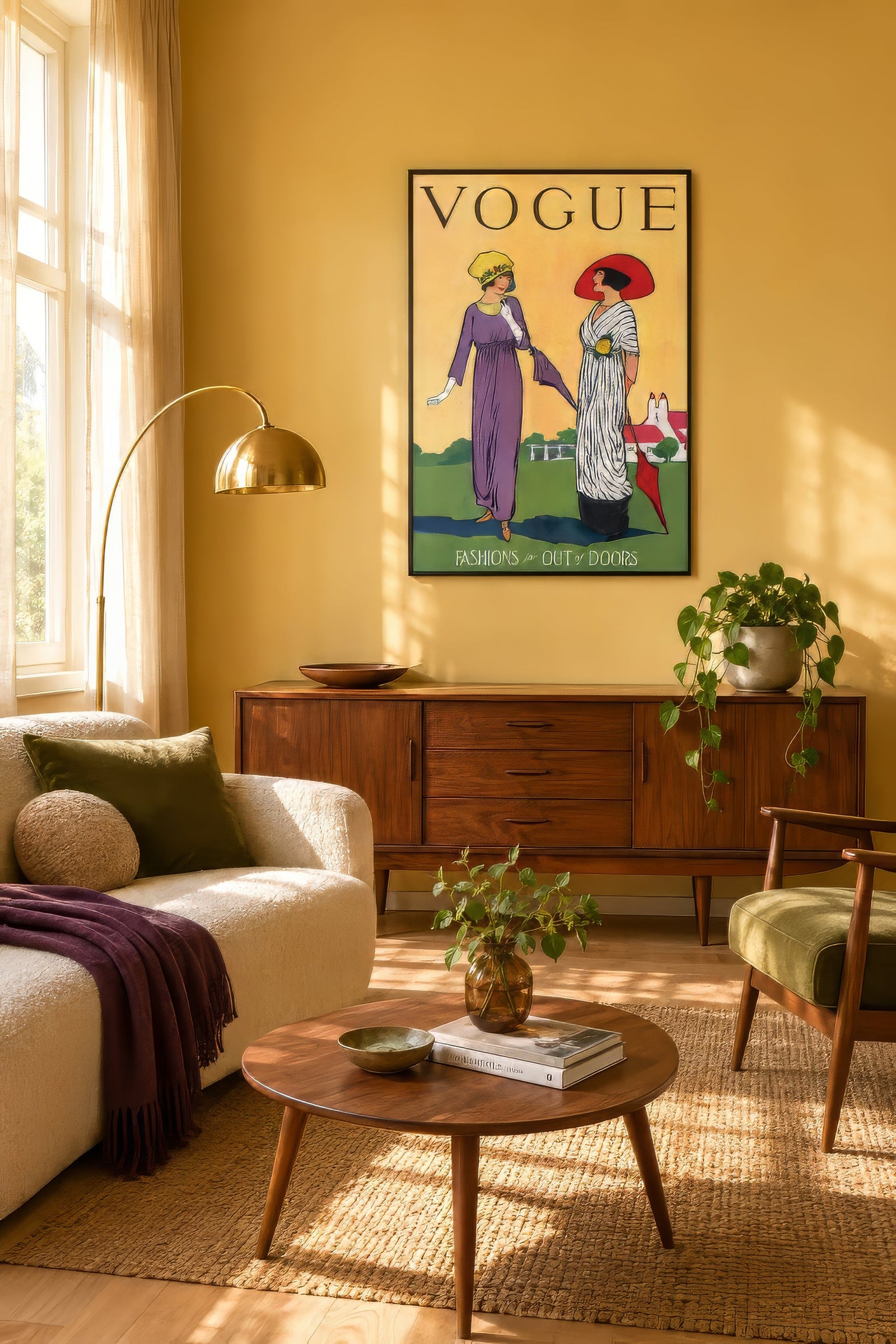 Vintage Vogue poster of two elegant women in purple and white dresses, framed above a sofa in a sunny yellow living room.